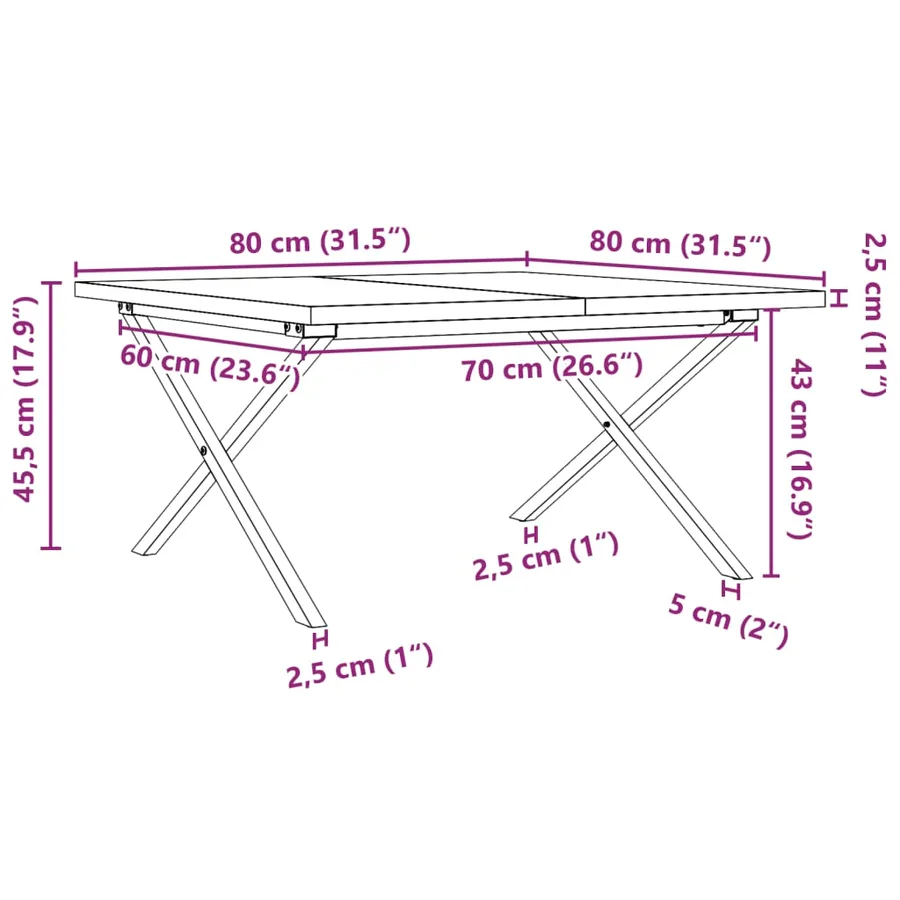 Table basse cadre en X 80x80x45,5cm bois de pin massif et acier - 10