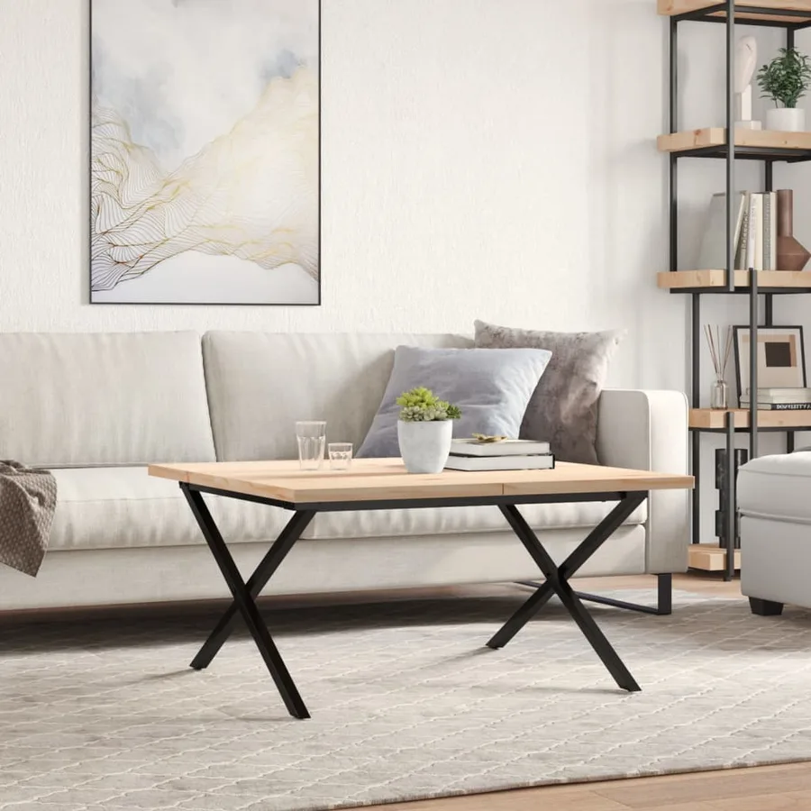 Table basse cadre en X 80x80x45,5cm bois de pin massif et acier - 3