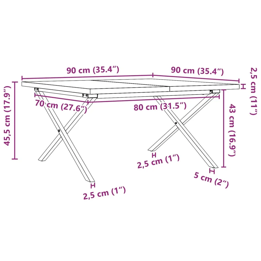 Table basse cadre en X 90x90x45,5cm bois de pin massif et acier - 10