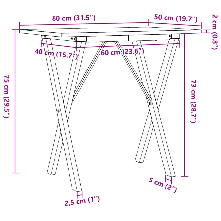 Table à manger cadre en X 80x50x75 cm bois de pin massif acier - 10