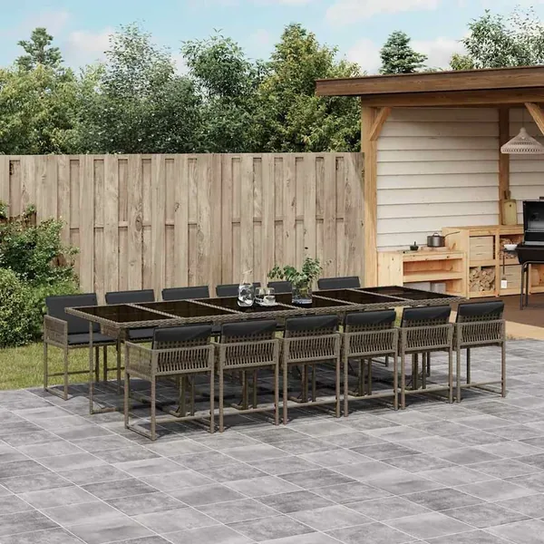 Ensemble à manger de jardin coussins 13 pcs gris résine tressée