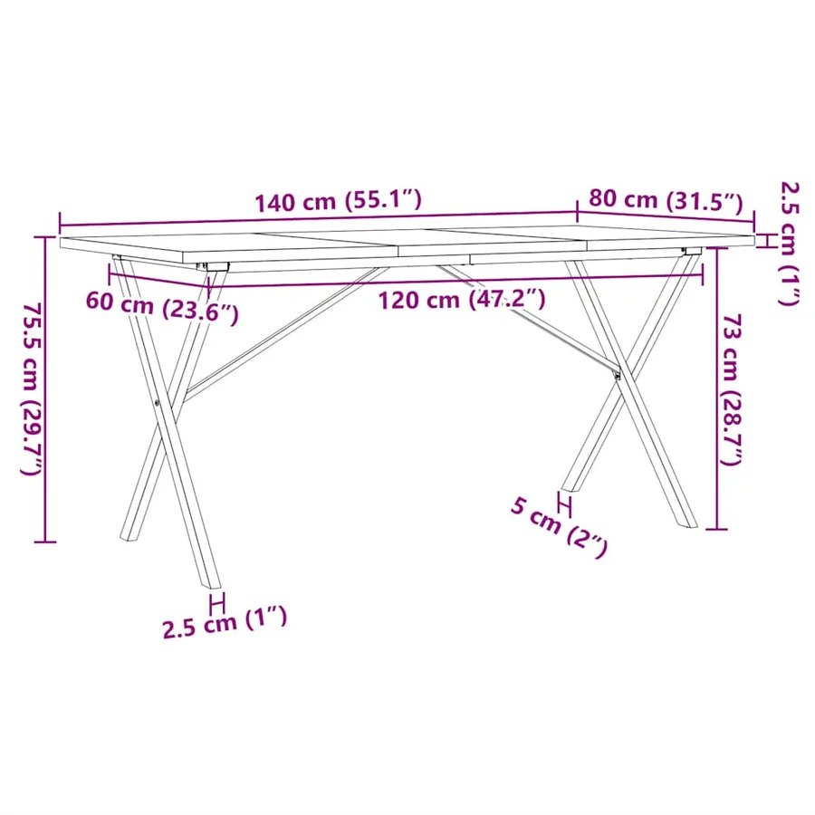 Table à manger cadre en X 140x80x75,5 cm bois pin massif acier - 10