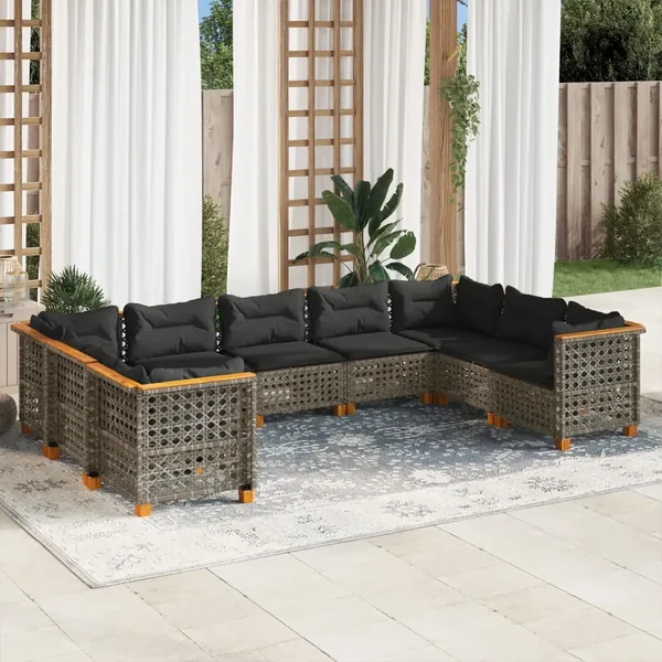 Salon de jardin 9 pcs avec coussins gris résine tressée