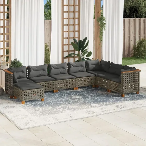 Salon de jardin 8 pcs avec coussins gris résine tressée