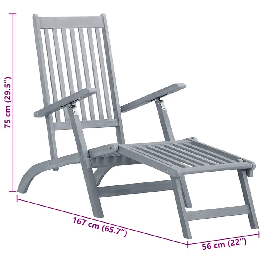 Chaise longue d'extérieur repose-pied et coussin Acacia solide - 11