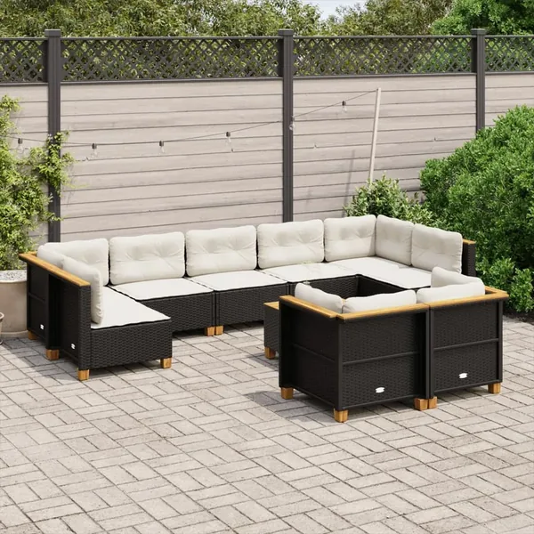 Salon de jardin 10 pcs avec coussins noir résine tressée