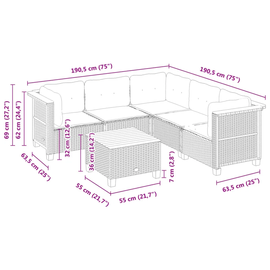 Salon de jardin 6 pcs avec coussins noir résine tressée - 8