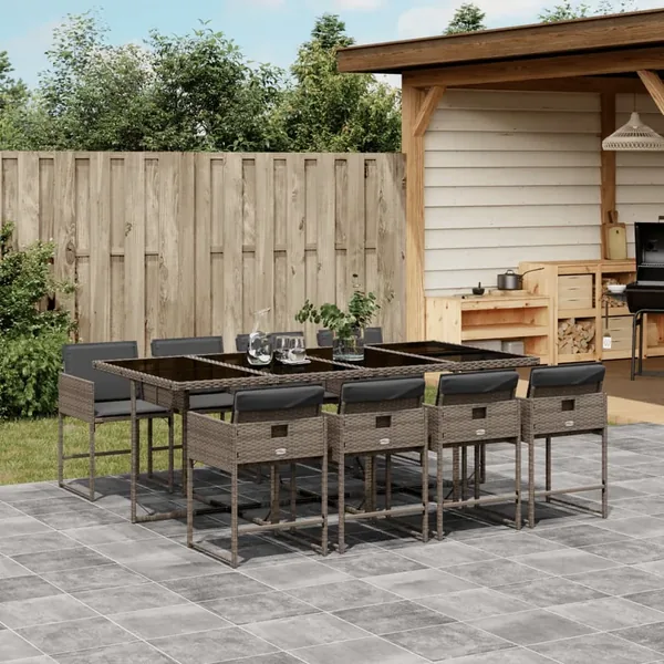 Ensemble à manger de jardin 9 pcs coussins gris résine tressée