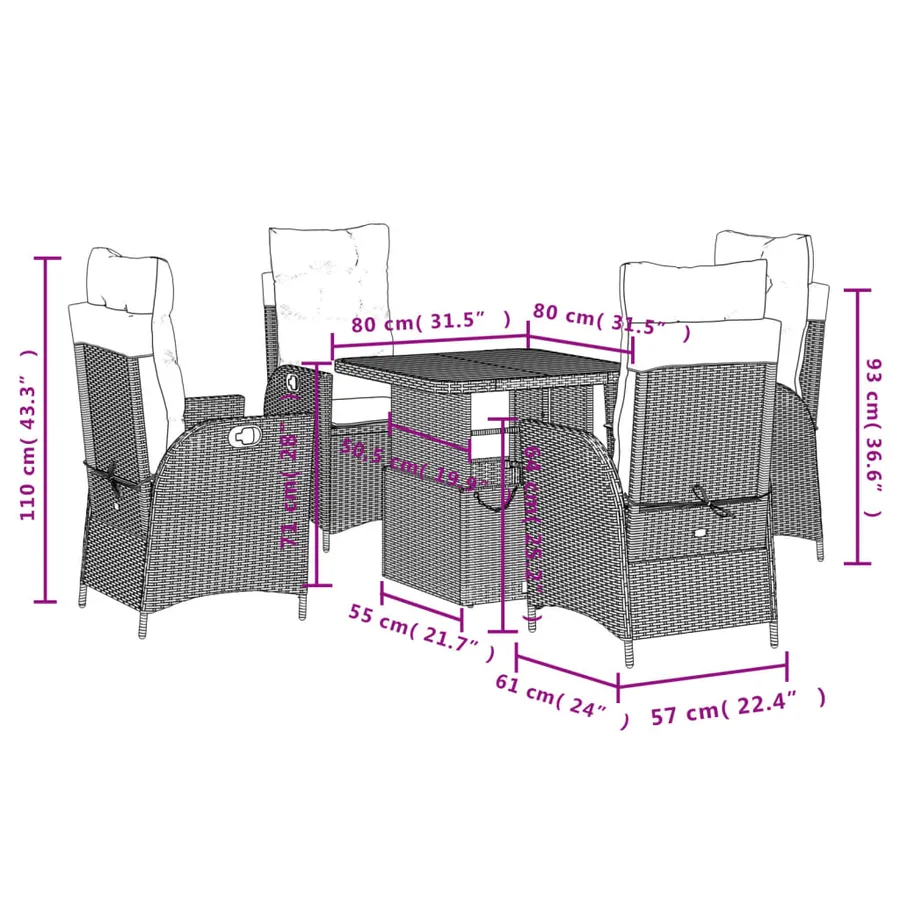 Ensemble à manger de jardin coussins 5pcs Noir Résine tressée - 8
