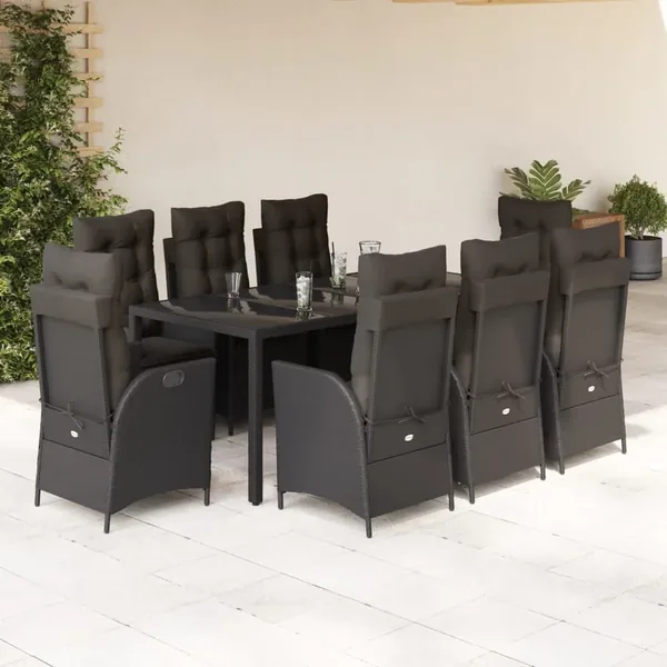 Ensemble à manger de jardin 9pcs coussins noir résine tressée