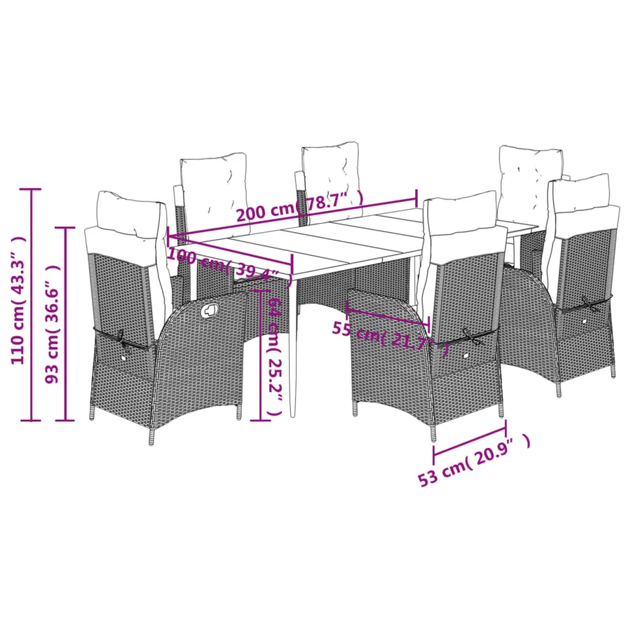 Ensemble à manger de jardin coussins 7pcs Noir Résine tressée - 9