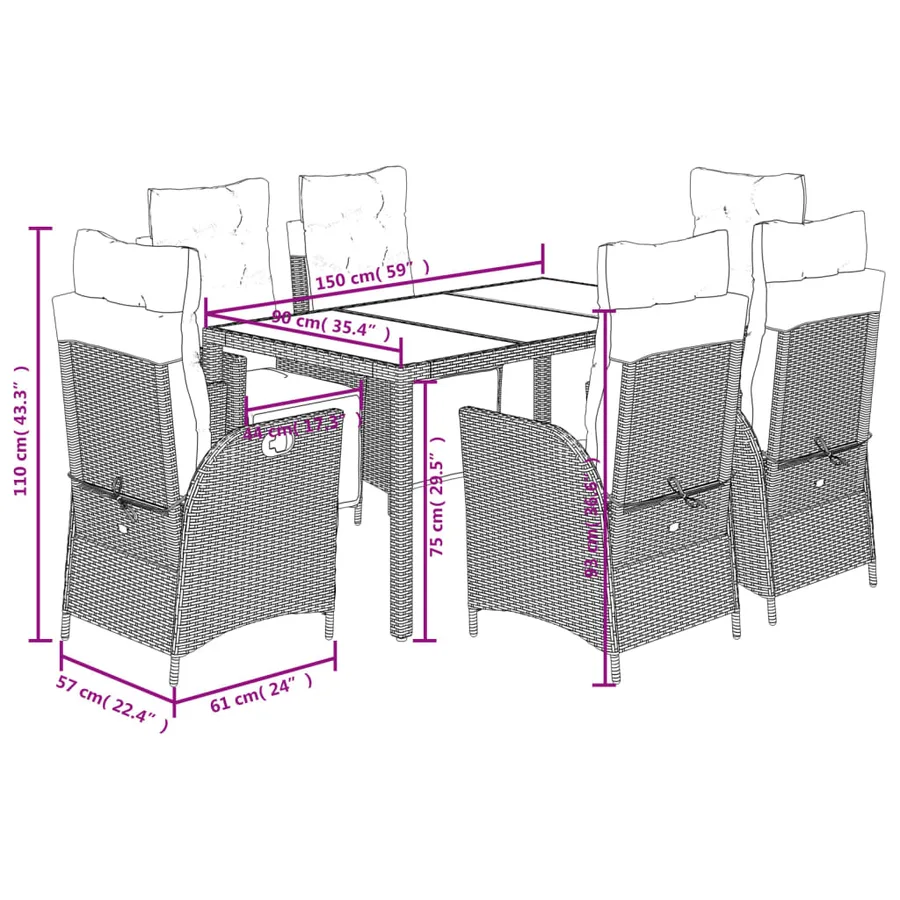Ensemble à manger de jardin coussins 7pcs Noir Résine tressée - 9