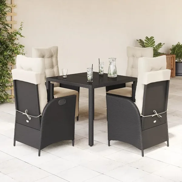 Ensemble à manger de jardin coussins 5pcs Noir Résine tressée