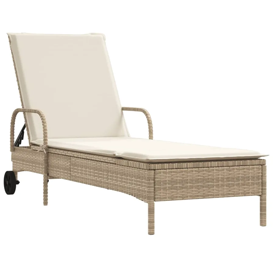 Chaise longue avec roues et coussin beige résine tressée - 2