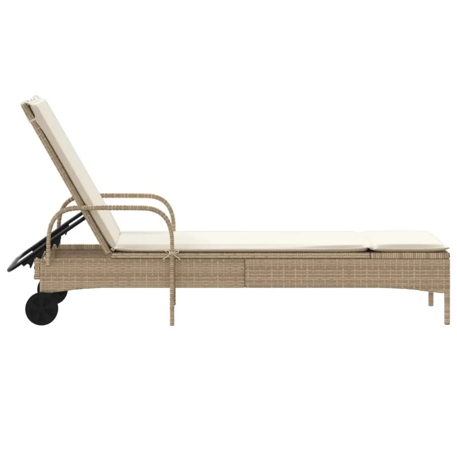 Chaise longue avec roues et coussin beige résine tressée - 5