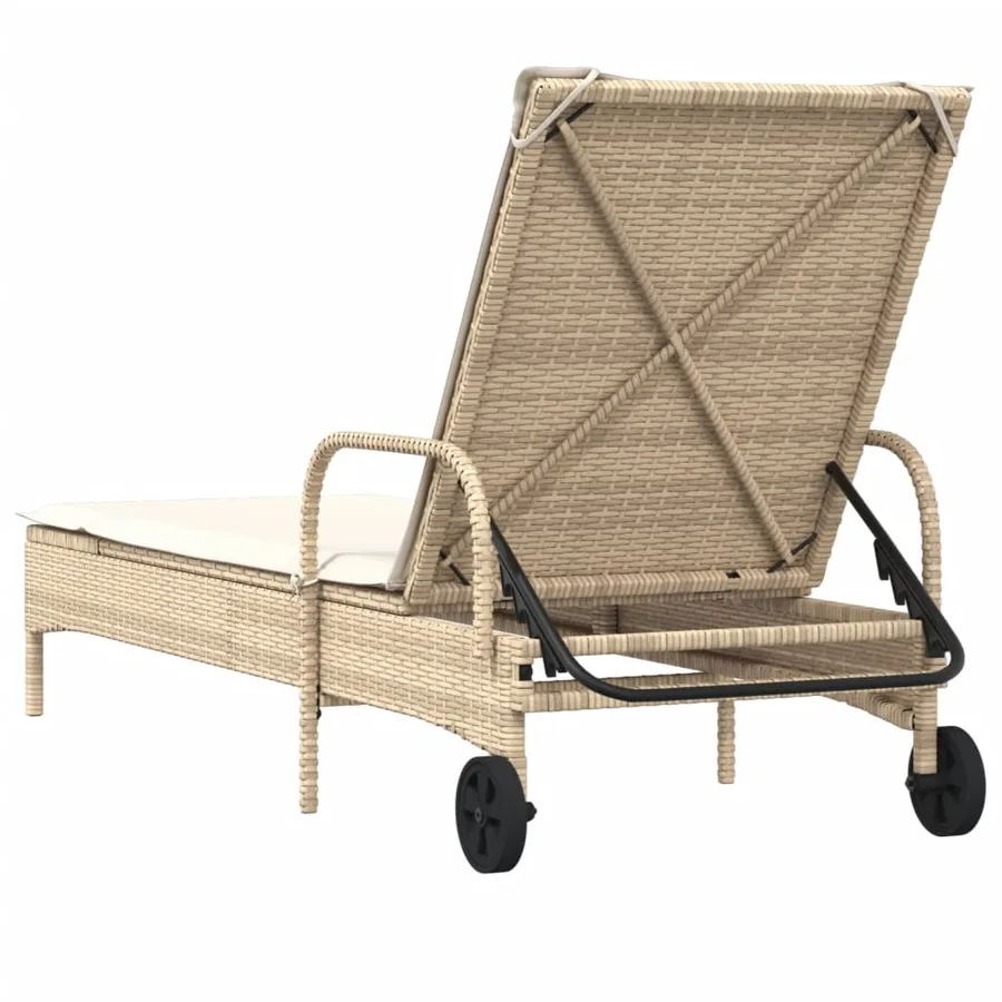 Chaise longue avec roues et coussin beige résine tressée - 6