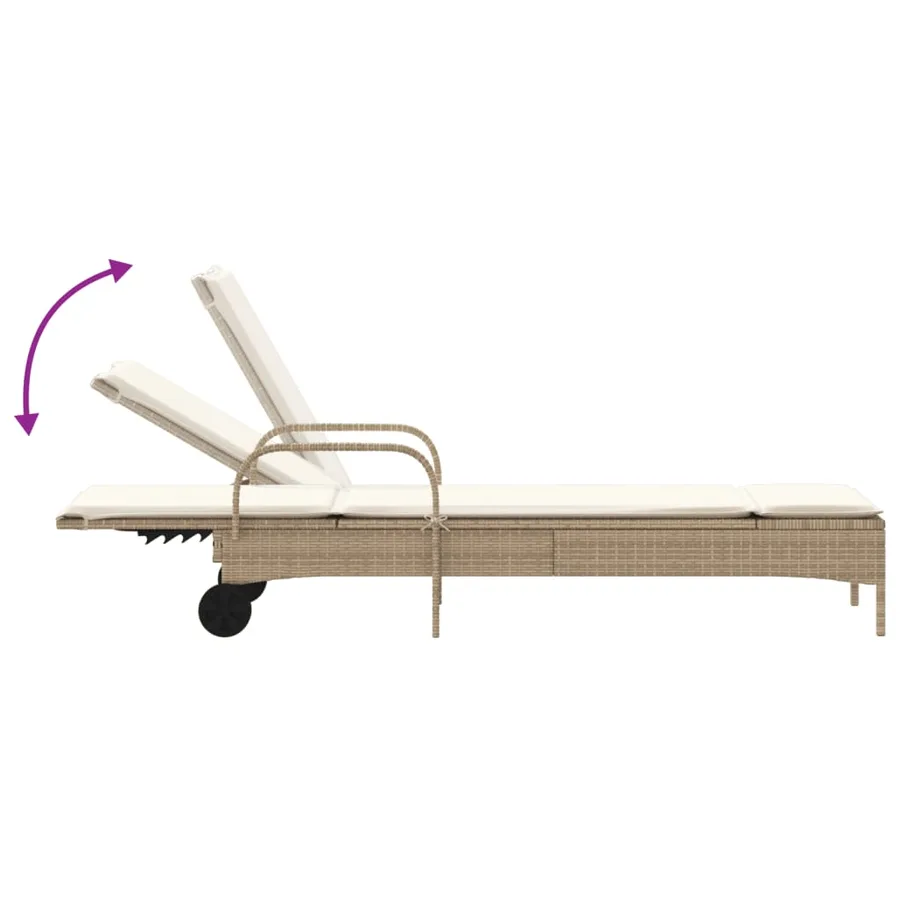 Chaise longue avec roues et coussin beige résine tressée - 7