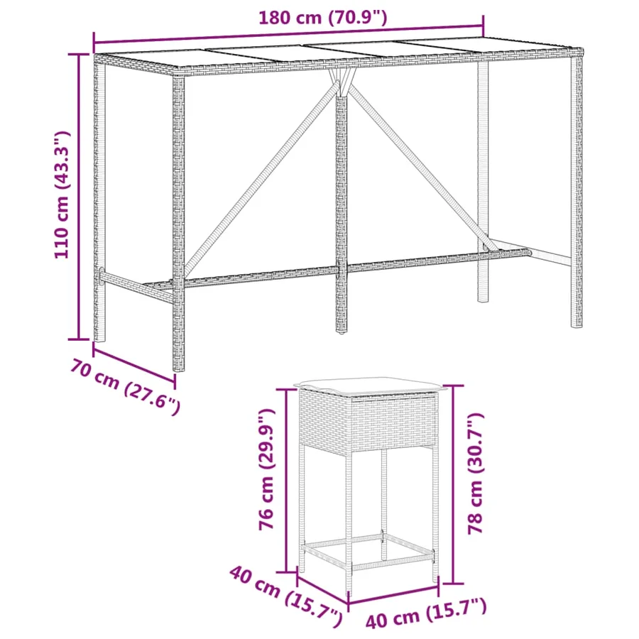 Ensemble de bar de jardin 9 pcs avec coussins marron poly rotin - 8