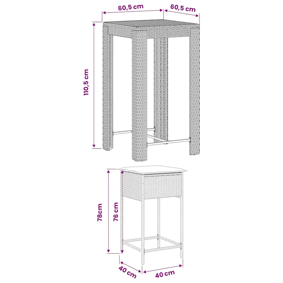 Ensemble de bar de jardin 3 pcs et coussins brun résine tressée - 8