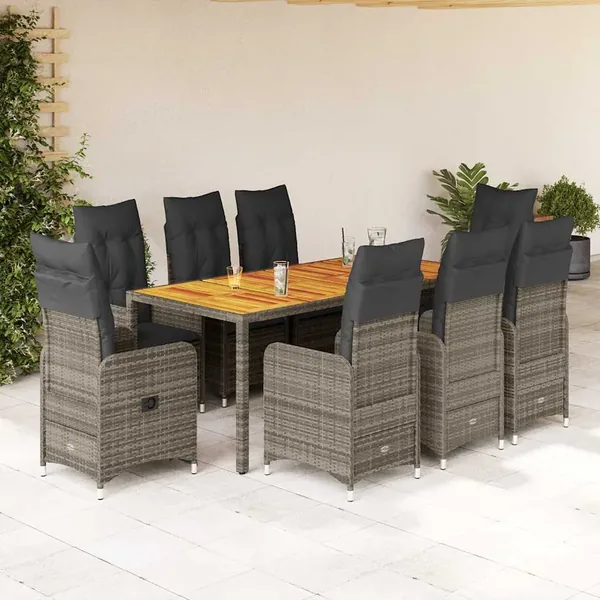 Ensemble de bistro de jardin 9 pcs coussins gris poly rotin