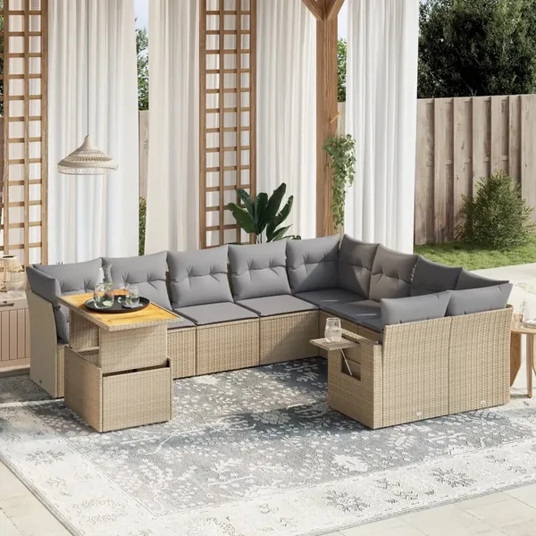 Salon de jardin avec coussins 10 pcs beige résine tressée