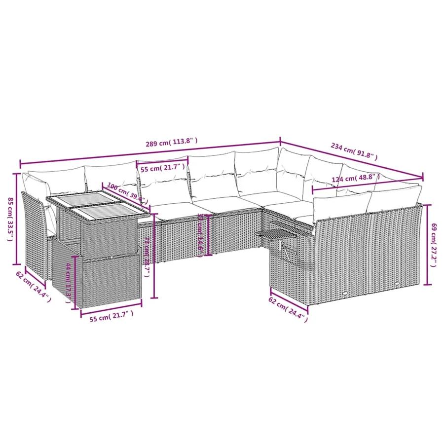 Salon de jardin avec coussins 10 pcs beige résine tressée - 3