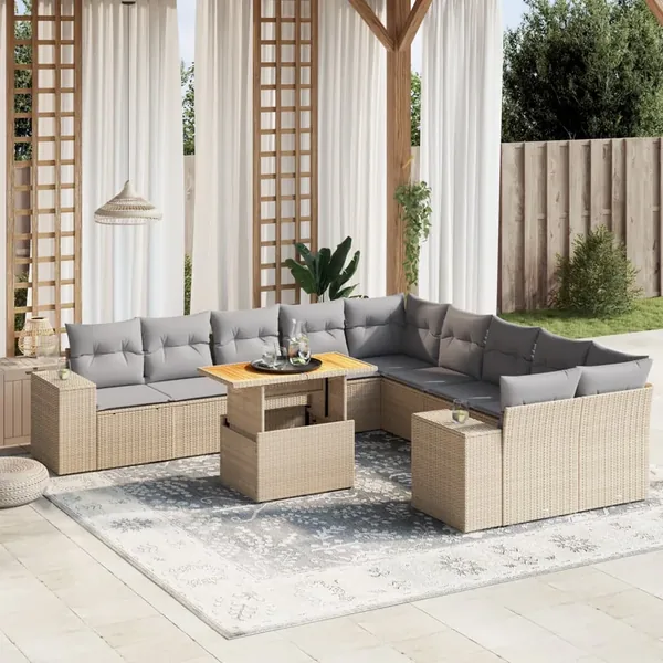 Salon de jardin 11 pcs avec coussins beige résine tressée