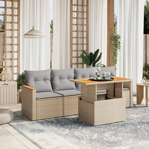 Salon de jardin avec coussins 5 pcs beige résine tressée