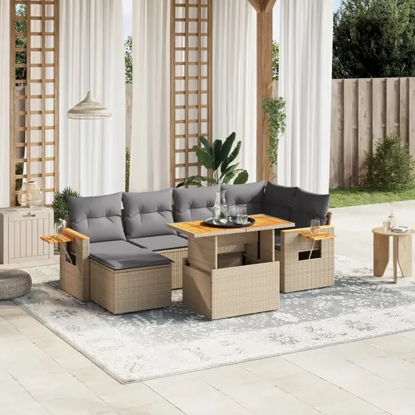 Salon de jardin avec coussins 7 pcs beige résine tressée
