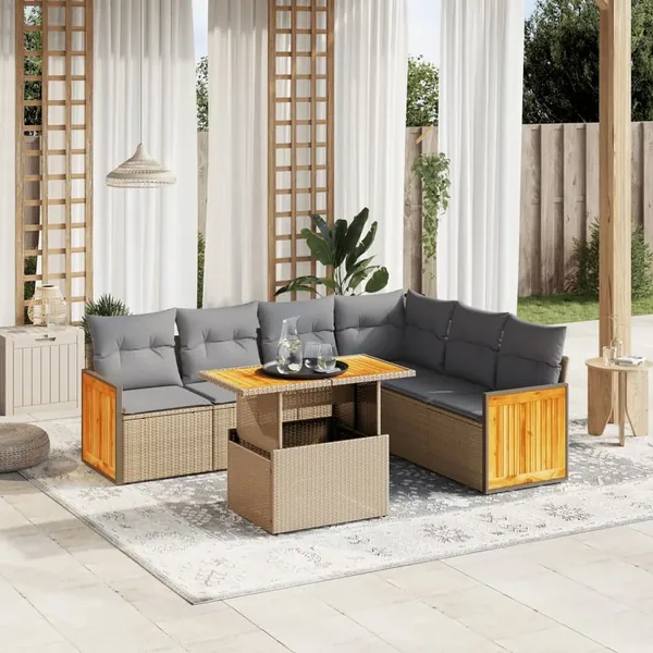 Salon de jardin avec coussins 7 pcs beige résine tressée