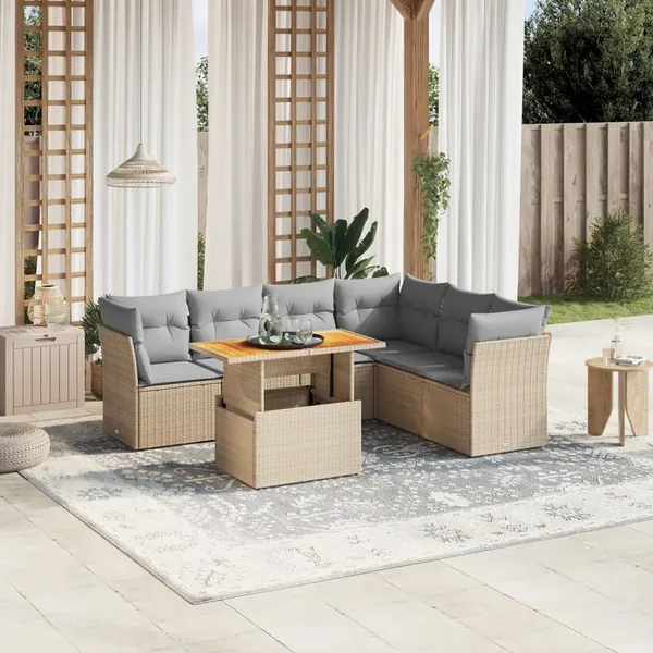 Salon de jardin avec coussins 7 pcs beige résine tressée