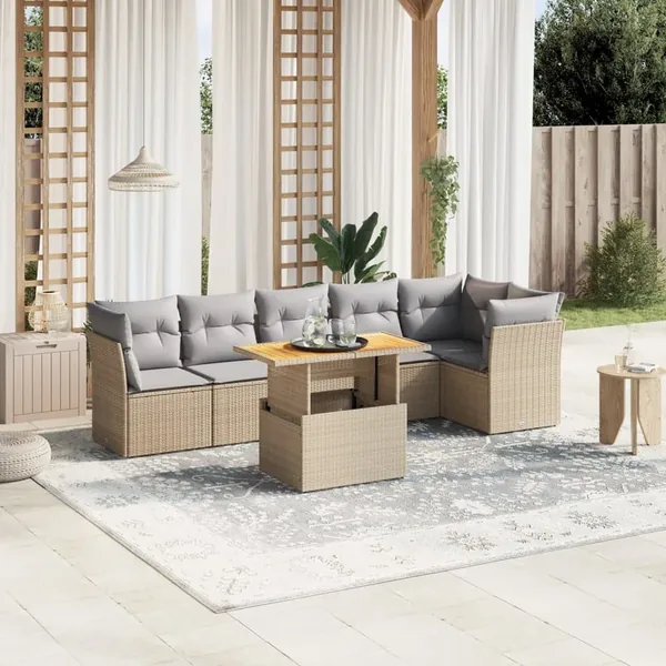 Salon de jardin avec coussins 7 pcs beige résine tressée