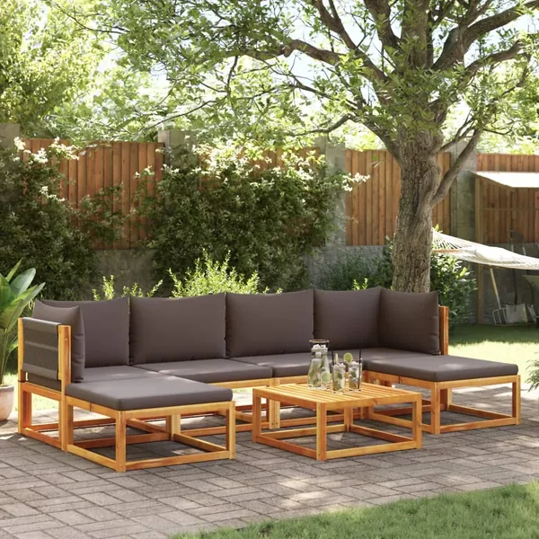 Ensemble de canapés de jardin 7 pièces avec coussins, bois d'acacia et corde,