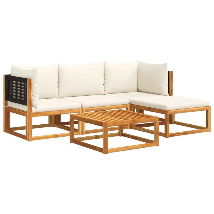 Ensemble de canapés de jardin 5 pièces avec coussins en bois d'acacia et rotin - 2