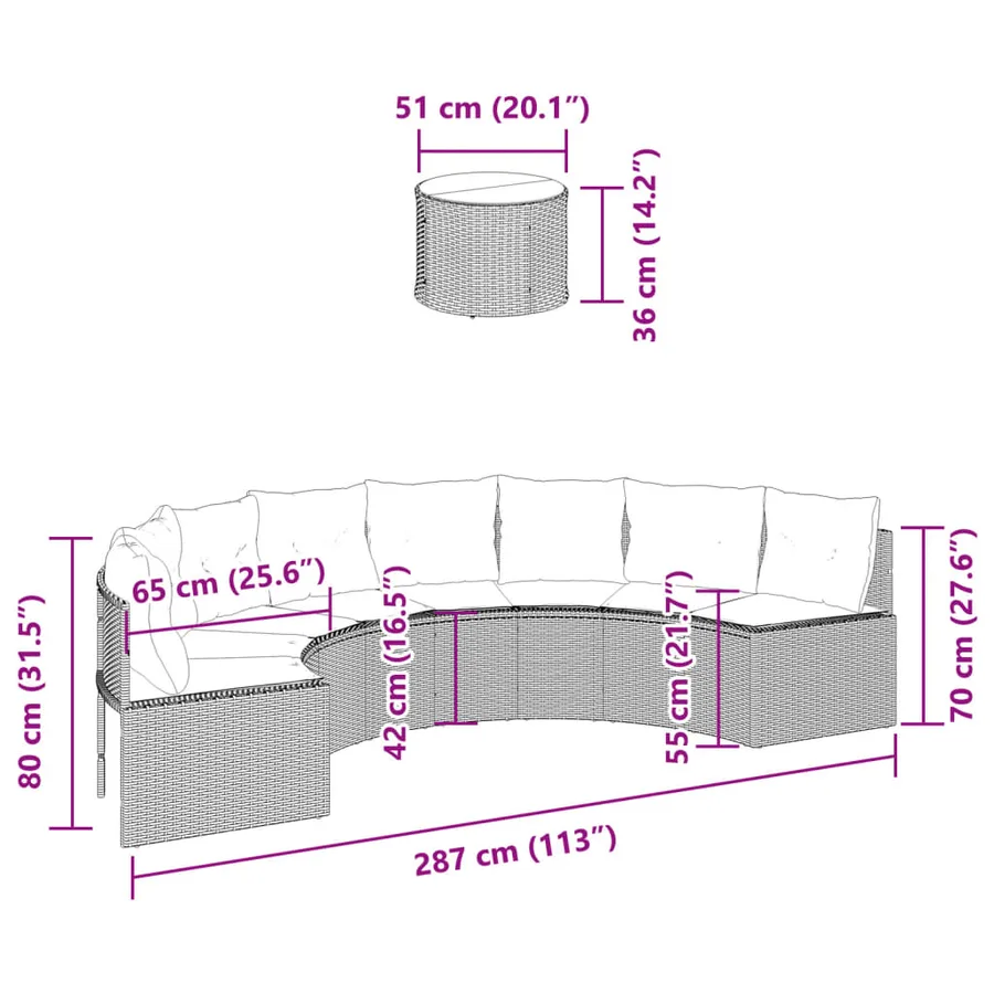 Canapé de jardin table coussins demi-rond gris résine tressée - 9