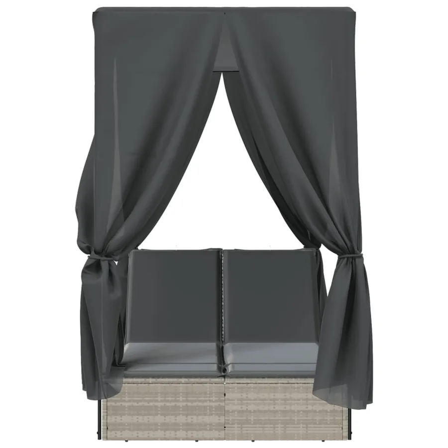 Chaise longue double avec toit et rideaux gris clair poly rotin - 4