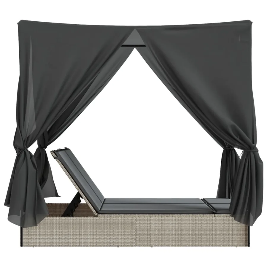 Chaise longue double avec toit et rideaux gris clair poly rotin - 5