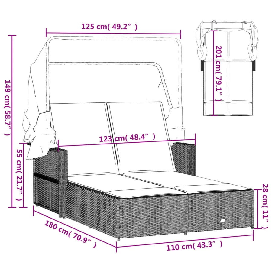 Chaise longue double avec auvent et coussins beige poly rotin - 30