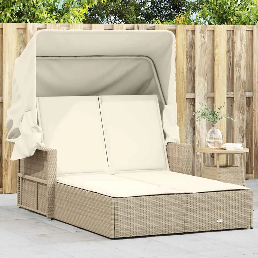 Chaise longue double avec auvent et coussins beige poly rotin - 41
