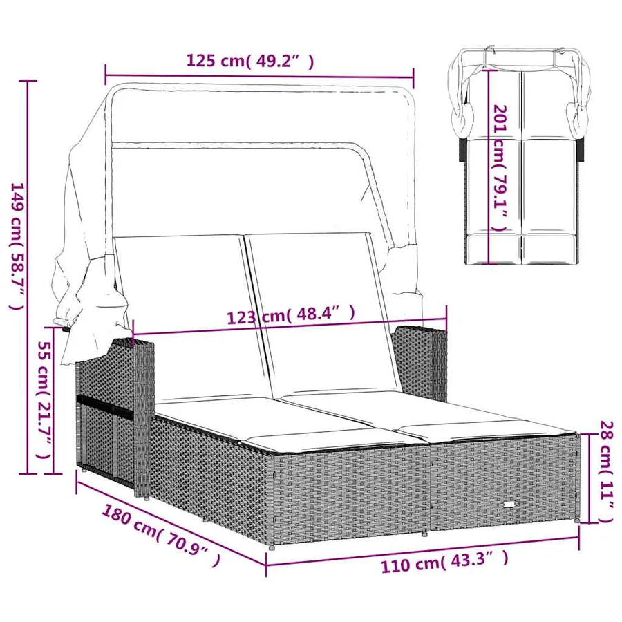 Chaise longue double avec auvent et coussins beige poly rotin - 52