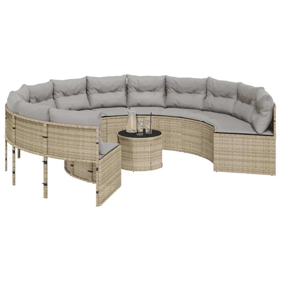 Canapé de jardin avec table coussins rond beige résine tressée - 3
