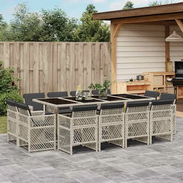 Ensemble à manger de jardin et coussins 13 pcs gris clair rotin