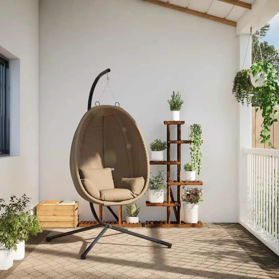 Chaise suspendue en forme d'œuf et support taupe tissu et acier - 3