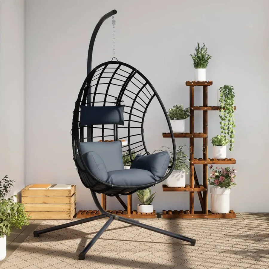 Chaise suspendue œuf support anthracite rotin et acier