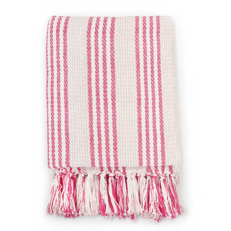 Couverture coton à rayures 220x250 cm Rose et Blanc - 2