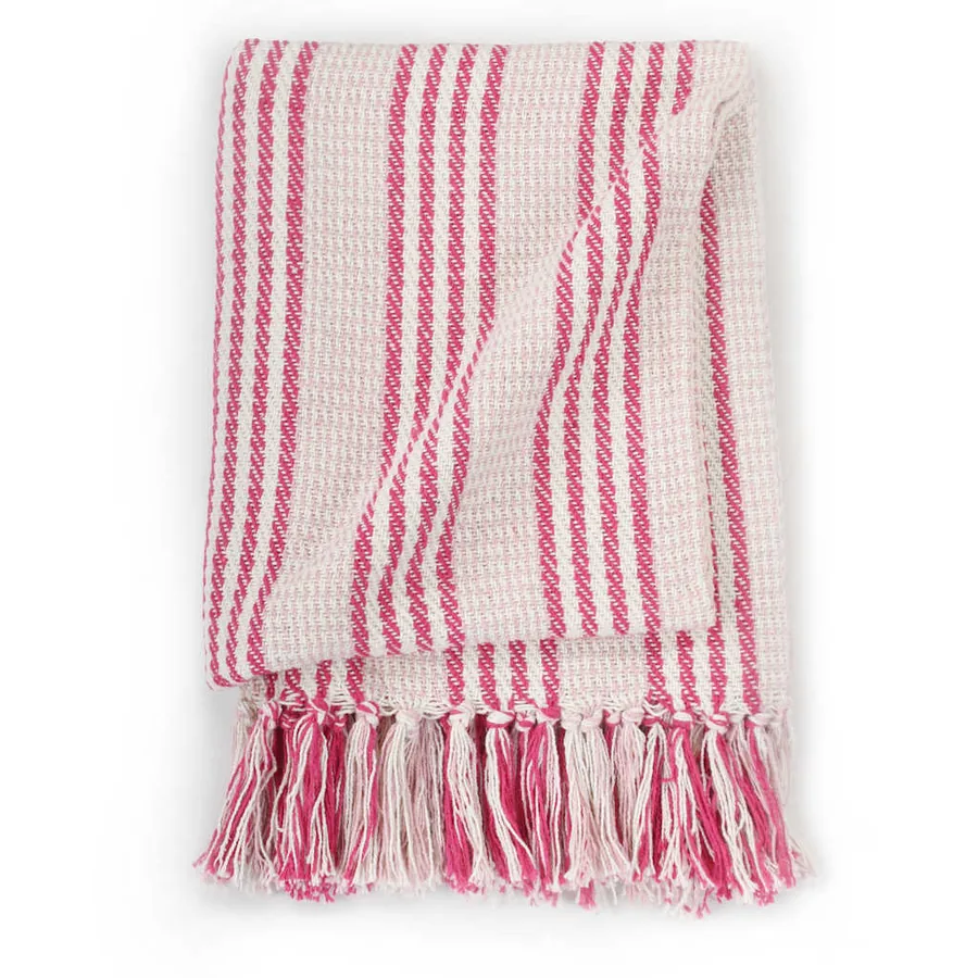 Couverture coton à rayures 220x250 cm Rose et Blanc - 3