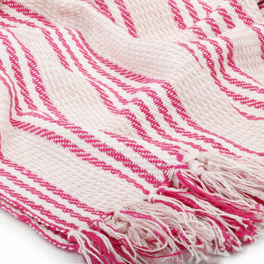 Couverture coton à rayures 220x250 cm Rose et Blanc - 5