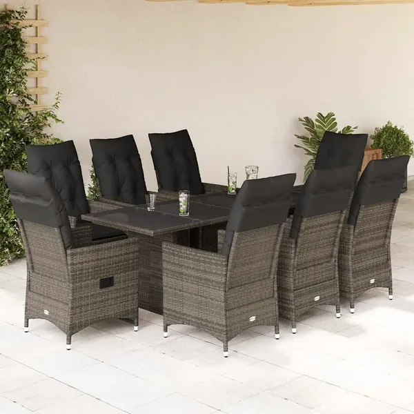 Ensemble à manger de jardin 9 pcs coussins gris résine tressée