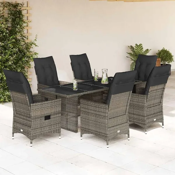 Ensemble à manger de jardin et coussins 7 pcs gris rotin