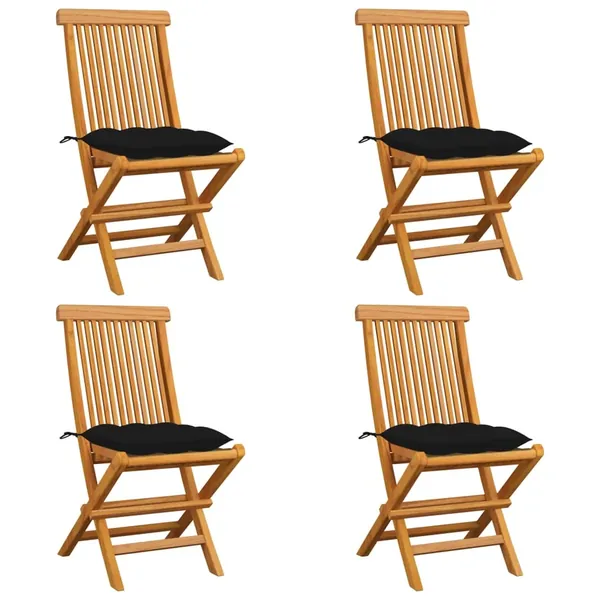 Chaises de jardin et coussins noir lot de 4 Bois de teck massif